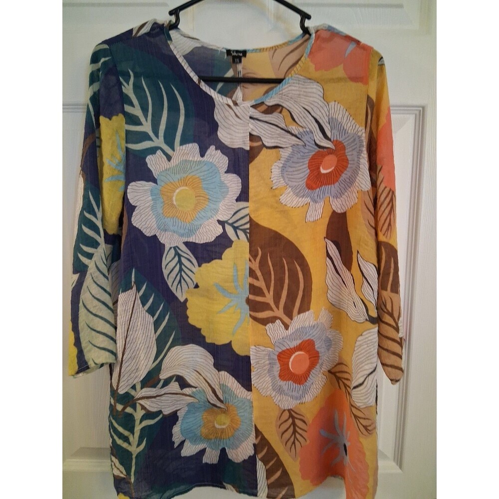 Shane Colorblock Floral Blouse  Size XS Split Pattern Blue Yellow Botanical